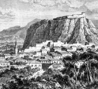 Η Καλαμάτα και το φράγκικο κάστρο (1868), σχέδιο του Th. Weber βασισμένο σε σκίτσο του Henri Belle